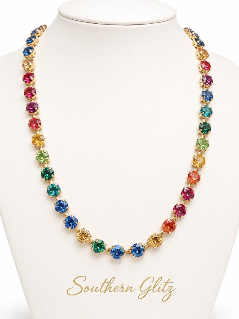 Multicolor Crystal Necklace, Rainbow Rhinestone Necklace, Gold Tone Statement